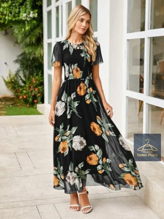 Flowy Chiffon Maxi Dress Smocked Top Flutter Sleeve Summer Boho - Picture 4 of 7